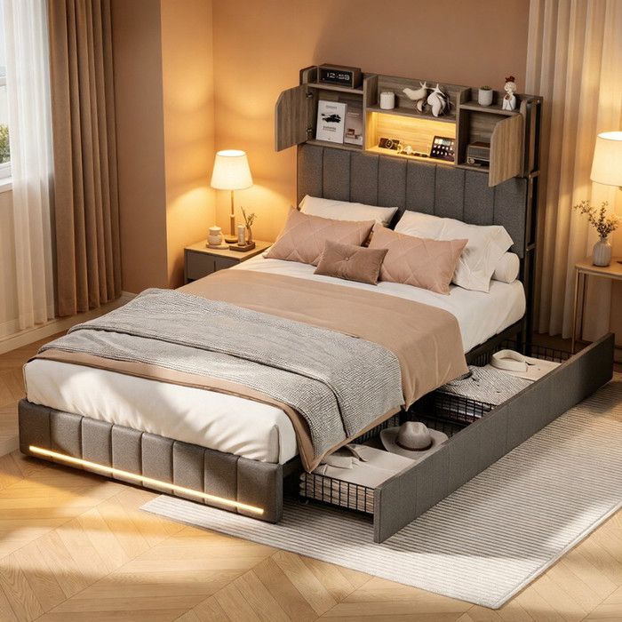 Lit coffre 90x200 cm avec 2 tiroirs de Rangement et bibliothèque Lit 1 personne avec USB Tpye C et LED sommier à Lattes Lin Gris