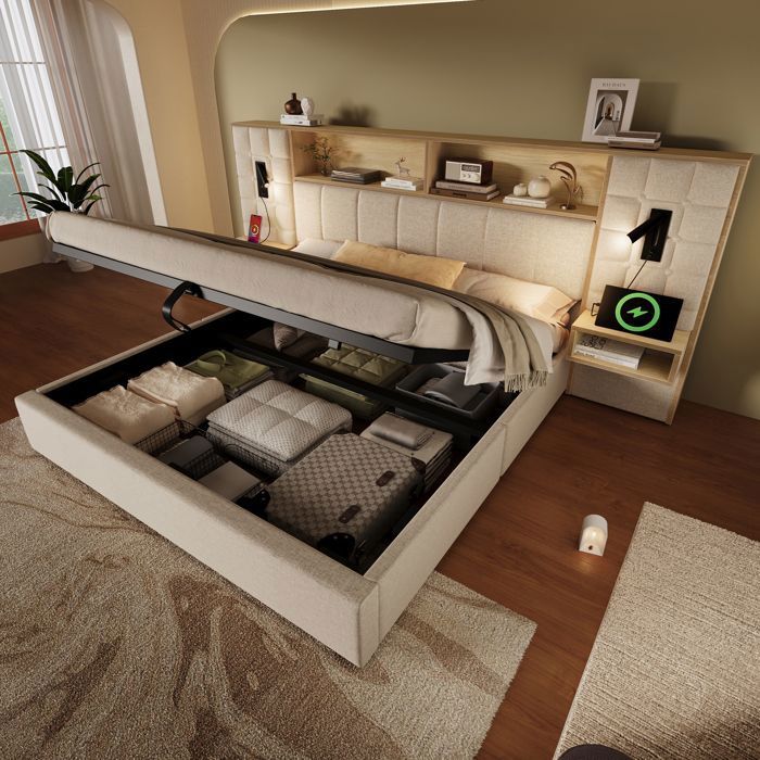 Lit rembourré 160x200cm lit double éclairage LED et 2 liseuses 2 tables de chevet intégrées port USB-C lin sommier à lattes beige