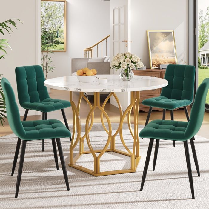 Ensemble table à manger ronde 100 cm avec 4 chaises plateau MDF effet marbre pieds métal moderne velours