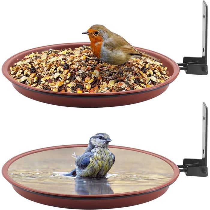 Lot de 2 Mangeoire Oiseaux et Abreuvoir Oiseaux - D21 x 3.5H cm polypropylène - Mangeoire pour oiseaux sauvages pour Jardin Parc