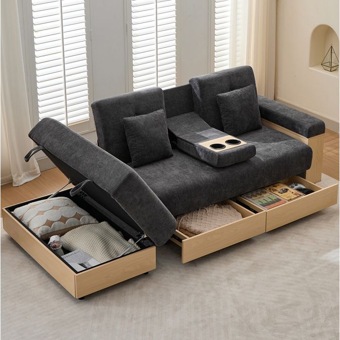 WUVRIE Canapé d’angle convertible 3 places 217 cm en chenille grise dossier réglable rangement et 2 tiroirs