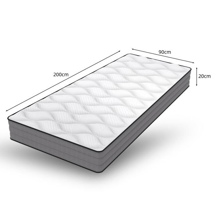 Matelas à ressorts ensachés 90×200 cm H3 20 cm 7 zones 1000 ressorts mémoire de forme lyocell - ELVMI - blanc et gris