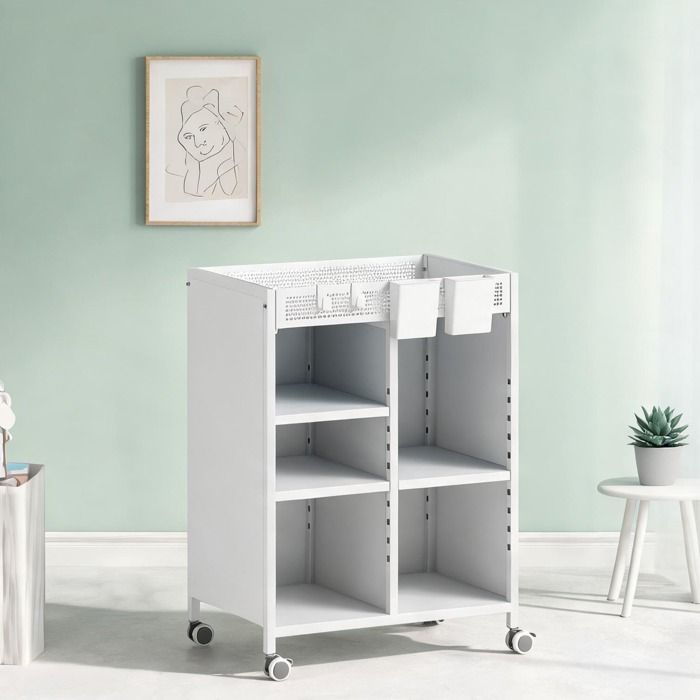Étagère mobile clean white 4 niveaux en métal avec bacs suspendus et roulettes 69 5 x 53 x 34 cm pour bureau ou cuisine