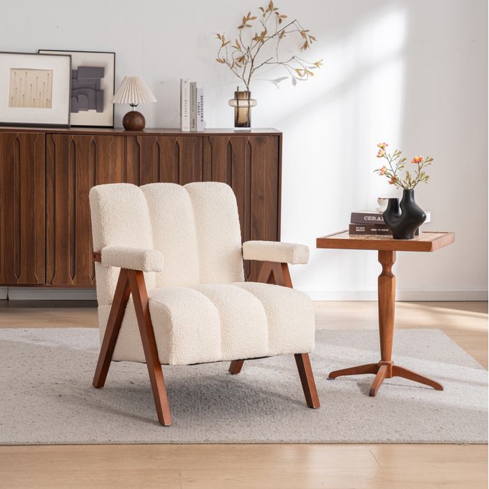 Fauteuil 1 place en bouclé avec accoudoirs et dossier rembourré pour salon et chambre en bois massif beige