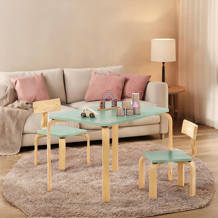 Lot table et 2 chaises enfant en bois de peuplier vert 78 x 53 x 53 cm design courbé