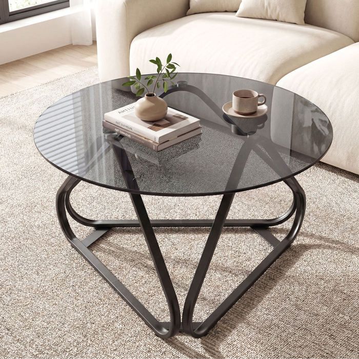 Stabilité et élégance table basse ronde en verre trempé 80 cm avec structure métal et pieds réglables
