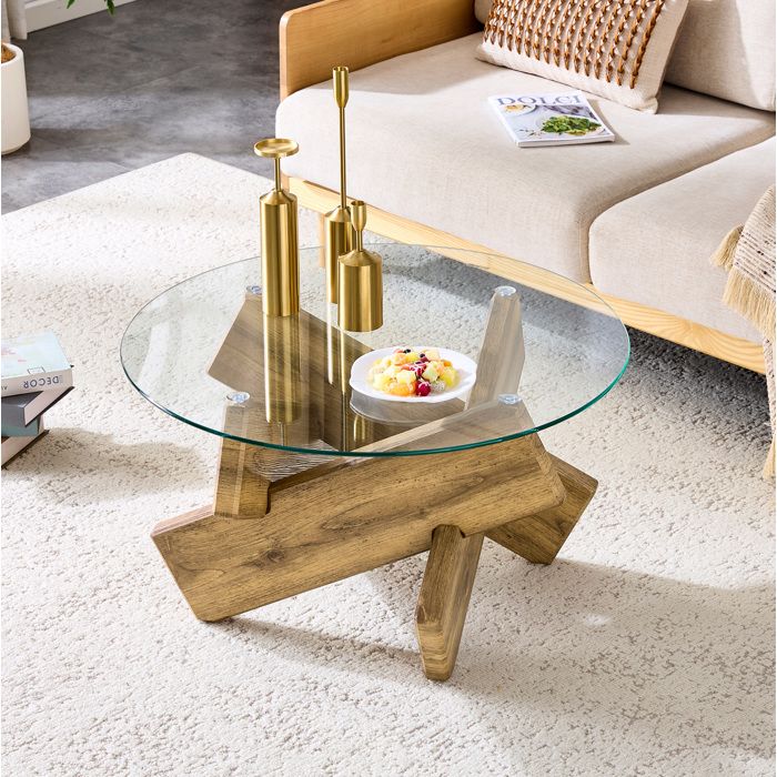 Table basse ronde 79 cm en MDF et verre trempé design moderne avec base croisée transparent bois VEVXYN