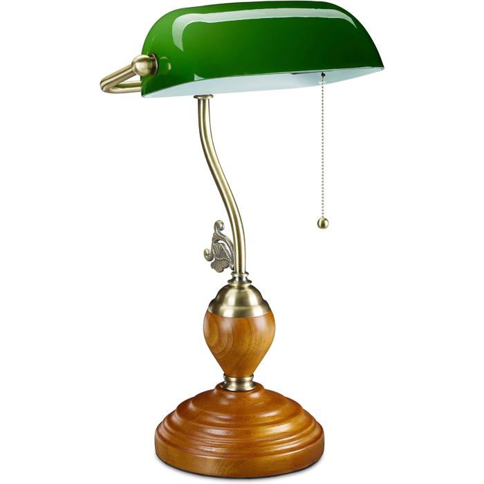 Lampe De Banquier Interrupteur À Tirette Abat Jour Inc Ble Socle Bois Design Retro Douille E27 Bureau.