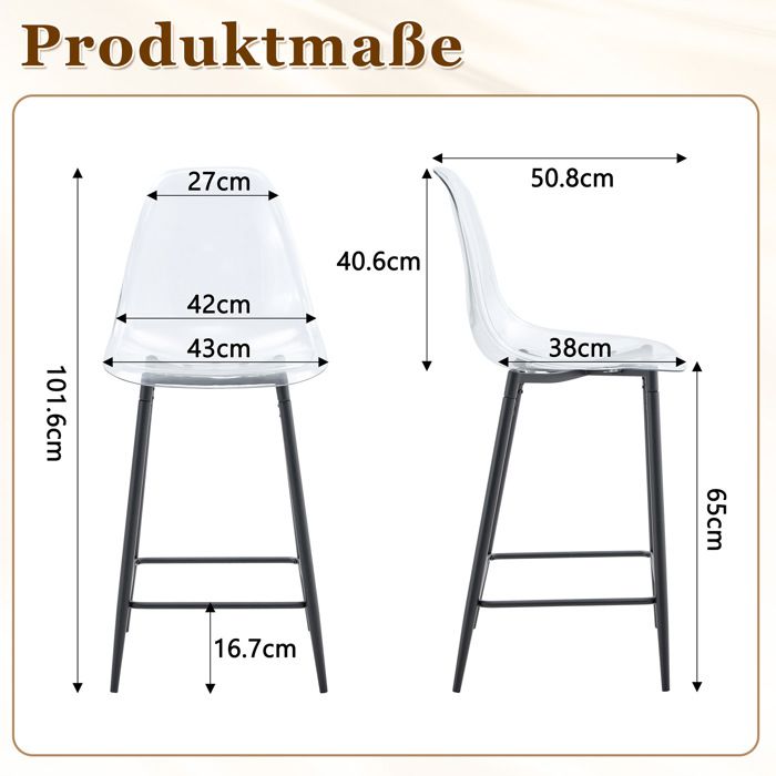MEULVA Lot de 4 tabourets de bar transparents avec structure en métal noir repose-pieds hauteur dassise 65 cm