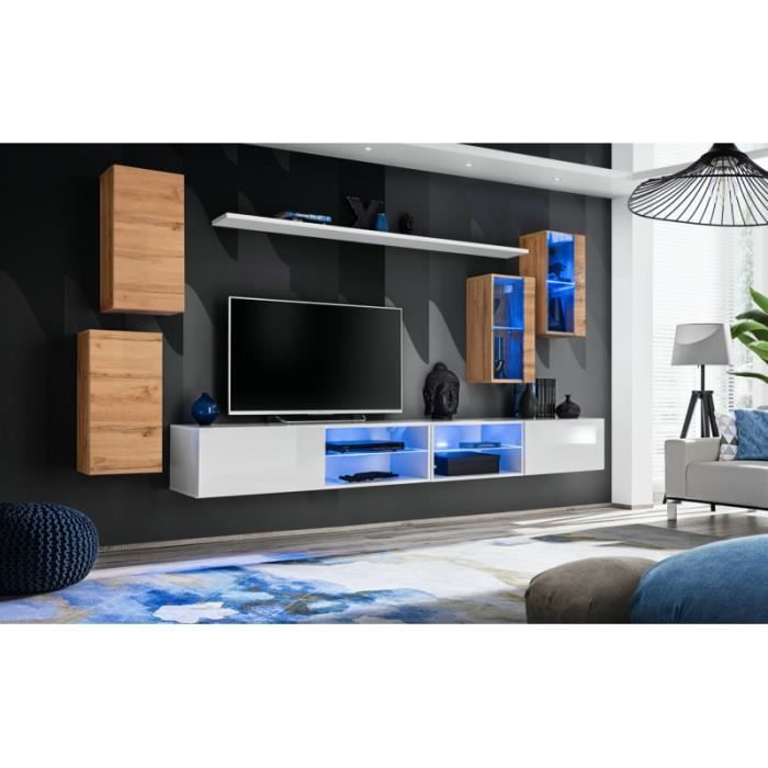 ensemble meuble tv mural switch xxv - ac-déco - blanc - verre - l 280 x p 40 x h 140 cm