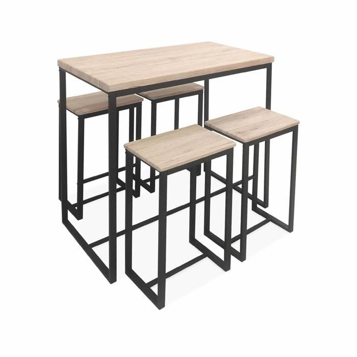 set table haute rectangulaire loft avec 4 tabourets de bar. acier et bois. encastrable. design