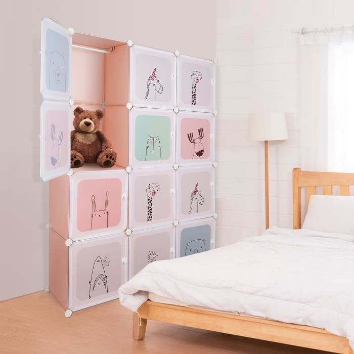 Armoire pour enfants Laizere - 2 crochets - Plastique pp - 4 couches - 12 compartiments - Rose - 110*145*37cm