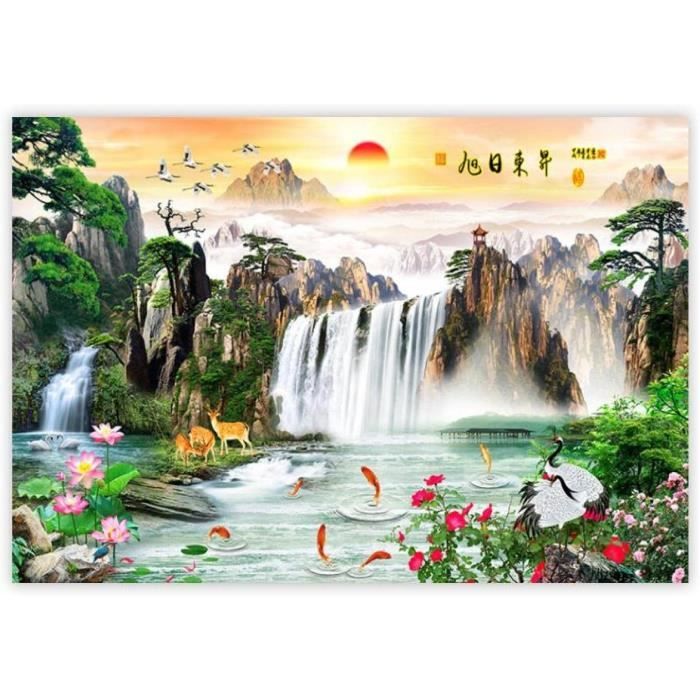 Montagne Cascade Chinois Tableaux sur Toile-Paysage Tableau Nature Poster-  Panoramique Impression sur Toile-Abstrait Art Toile Peinture-Decoration
