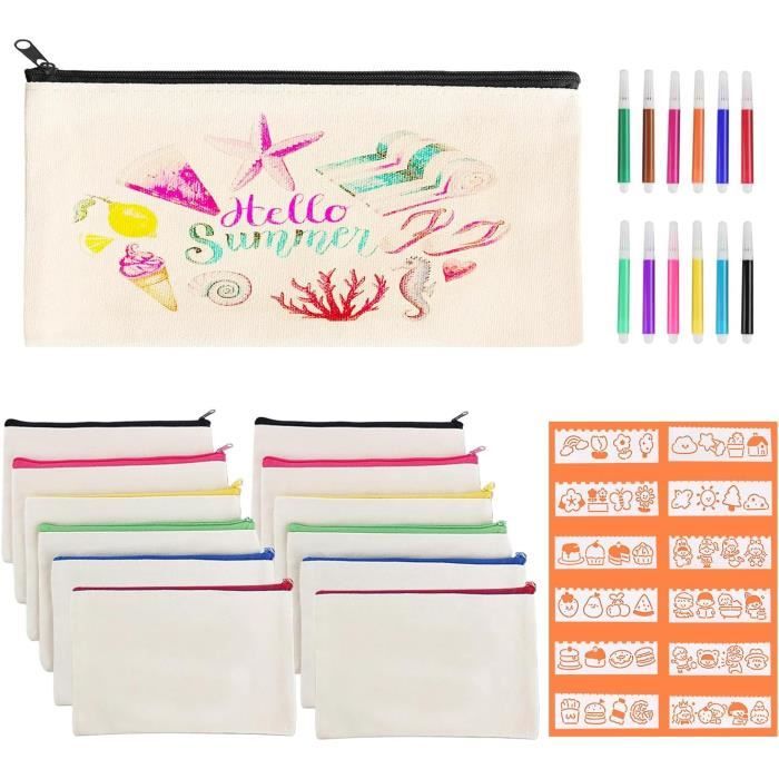 Kit DIY 32 Pcs Trousse Tissu à Peindre – 12 Poches + Pinceaux + Modèles Pour Enfants & Loisirs