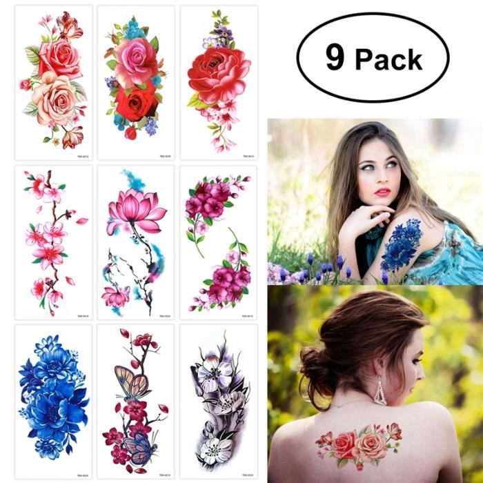 9 Feuilles Tatouage Temporaire Rose Peony Fleur Papillon Lotus Cherry Blossoms Tatouage Flash Pour Femmes