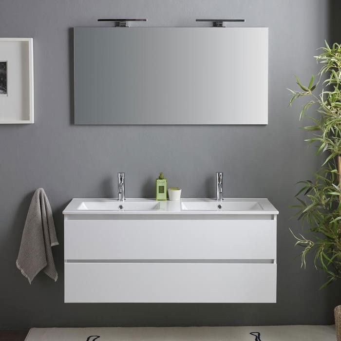 MEUBLE DE SALLE DE BAIN BLANC BRILLANT 120CM TIROIRS ET DOUBLE LAVABO BENACO