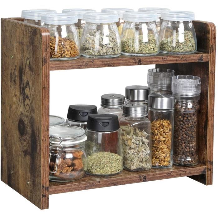 Étagère à épices 2 Niveaux En Bois Et Acier | Rangement Cuisine Gain De Place | Pour épices, Tasses, Accessoires Café | Montage Facile Sans Outil