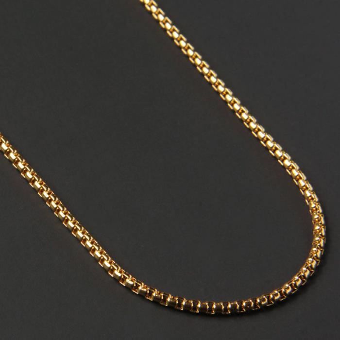 couleur or taille 24 pouces (60 cm) collier classique en titane et acier pour hommes, chaîne en boîte de 2mm,