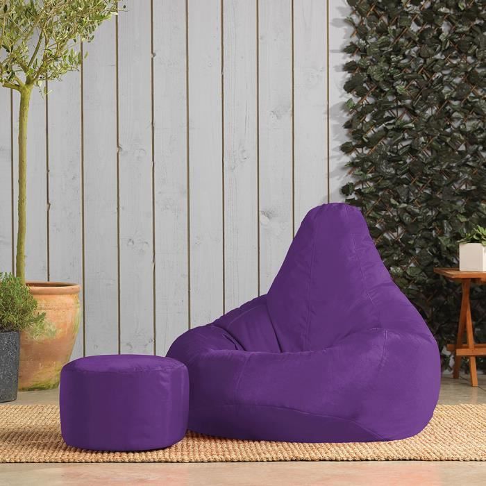 pouf fauteuil recliner et repose-pieds - veeva - textile tissé - résistant à l’eau - violet