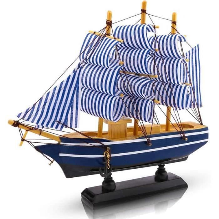 Petit Voilier En Bois Bleu – Décoration Maritime Méditerranéenne Pour Bureau, étagère Ou Rebord De Fenêtre