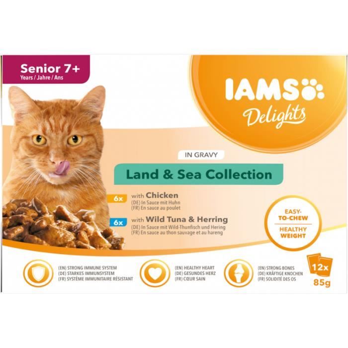Pâtée pour chat senior - IAMS - Terre et Mer - 12 sachets de 85g - Saveur délicieuse - Ingrédients de qualité Pâtée pour chat senior - IAMS - Terre et Mer - 12 sachets de 85g - Saveur délicieuse - Ingrédients de qualité