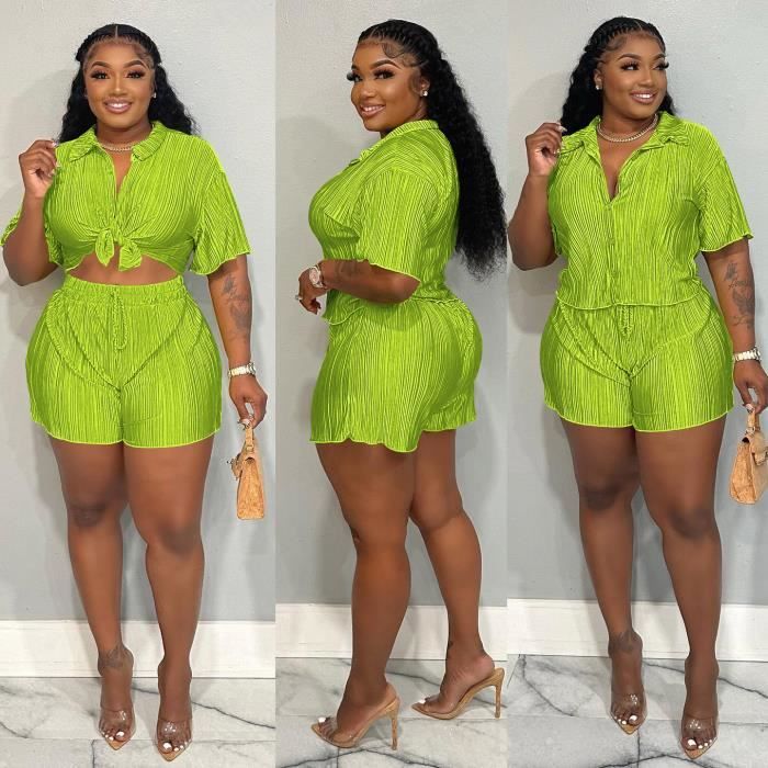 CM.YAYA Ensemble 2 Pieces Plisse pour Femme Chemise et Short a Manches Courtes et Col Rabattu Survetement d Ete Vert fluo E Blanc Cdiscount Pret a Porter