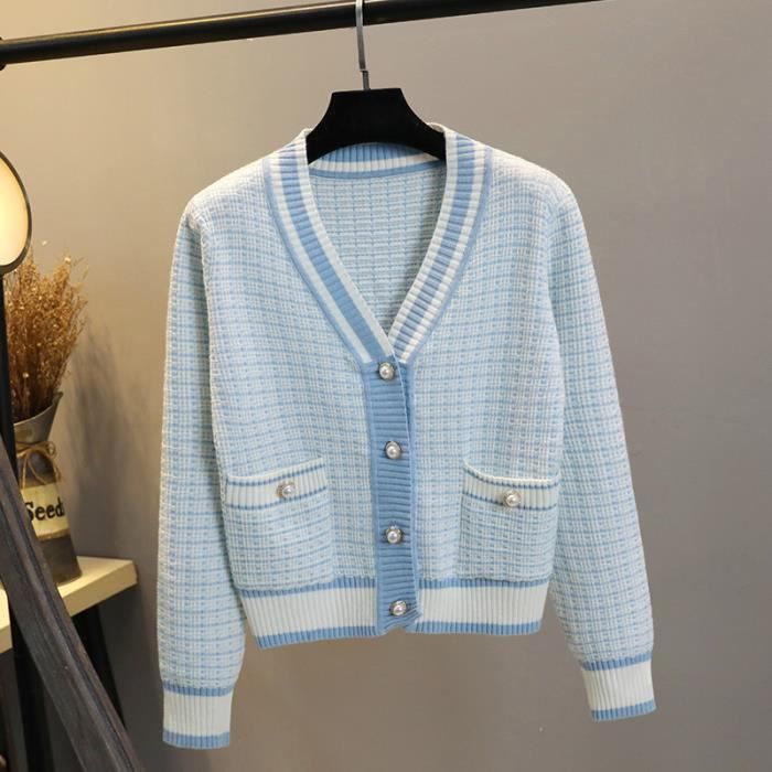 Gilet cardigan Cardigan court pour femmes pull over manteau nouveau style col en v ample tout assorti BLEU CIEL C Cdiscount Pret a Porter