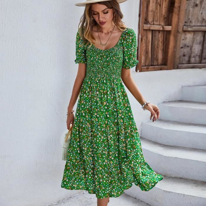 Robe Bohème Femme été – Tissu Vert Doux Et Respirant – Style Festival, Plage, Soirée – Coupe Fluide Et élégante