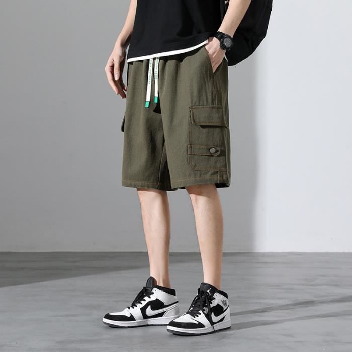 Short Cargo Homme Bermuda Travail Coton Ceinture Élastique