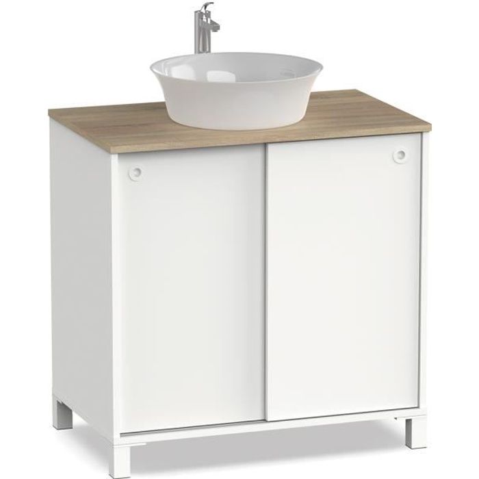 meuble vasque 2 portes - pegane - blanc/cambrian - h94 x l81 x p50 cm