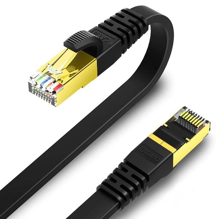 Câble Ethernet Plat Cat 8 10m - 40 Gbps 2000 MHz RJ45 Plaqué Or - Ultra Haut Débit Gaming & Réseau