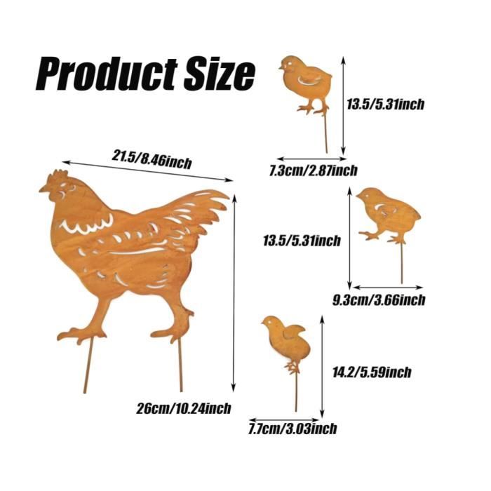 ZAHD Décoration Jardin Poules Rouillées - Lot De 4 Statues Métalliques - Poule Et 3 Poussins - Pour Extérieur - Style Rustique