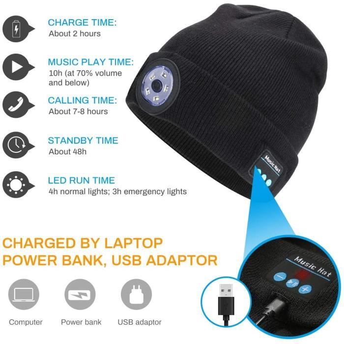 Bonnet Bluetooth LED 40 Lumières - écouteurs Intégrés, Batterie 700mAh - Cadeau Homme Femme Noël Sport Hiver - 7