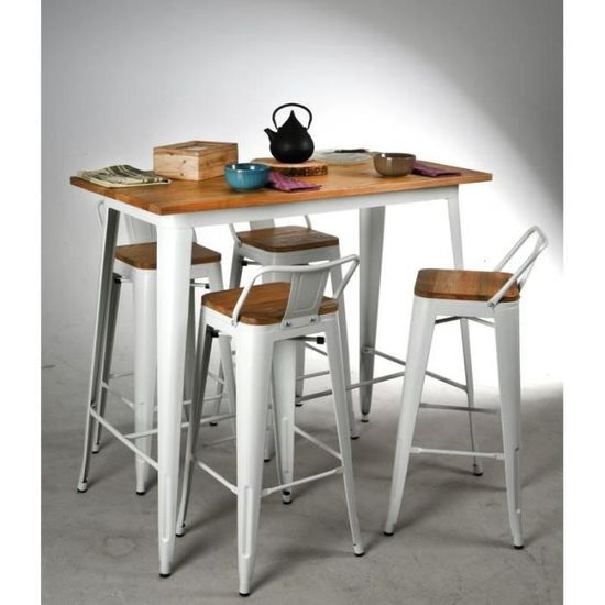 Table Haute Industrielle En Metal Blanc Et Bois Achat Vente