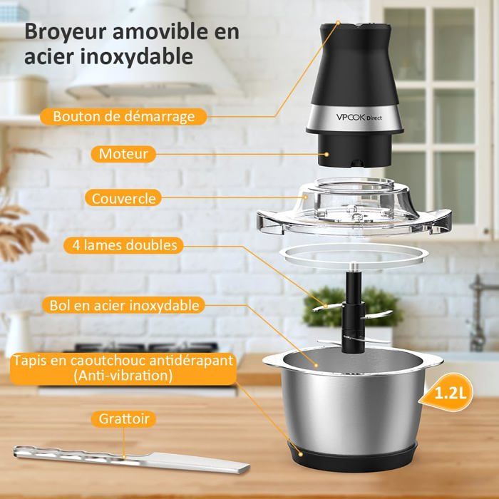 Mini Hachoir Électrique 1.2L 400W - 4 Lames Inox, Mixeur Multifonction Viande Légumes Ail Oignons
