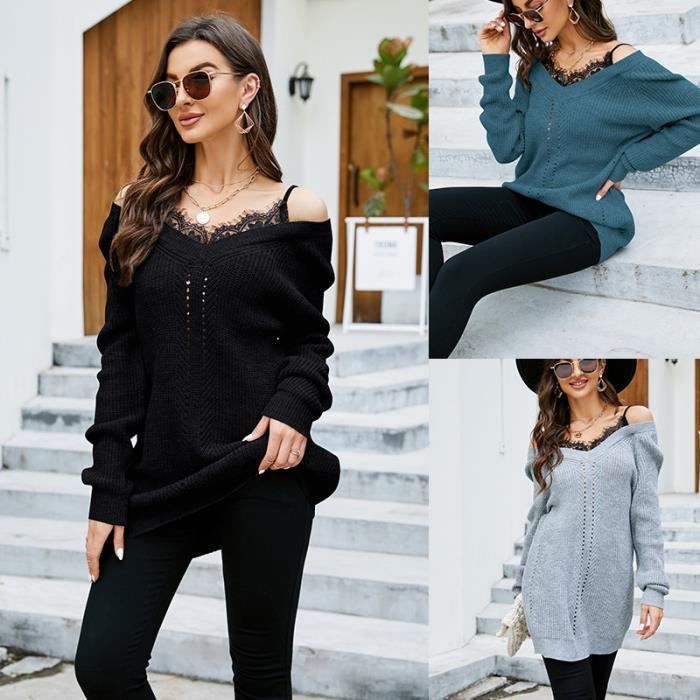 Pull Femme Longue Sexy Col V avec Dentelle Decollete Manches Longues Relaxed Fit Bleu Bleu Cdiscount Pret a Porter