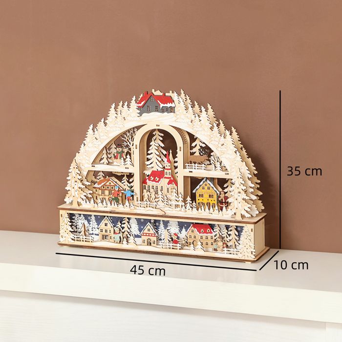 HOMCOM Village de Noël Lumineux avec 20 LED, Village de Noël animé en Arc à 3 Niveaux avec Effet Bois, Fonctionne sur Piles, 45 x 10 x 35 cm, Bois Naturel