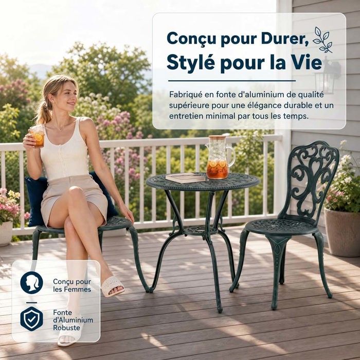 Abician Set Bistro Jardin 2 Chaises + Table Ronde 60 Cm – Aluminium Blanc Style Vintage, Trou Pour Parasol !