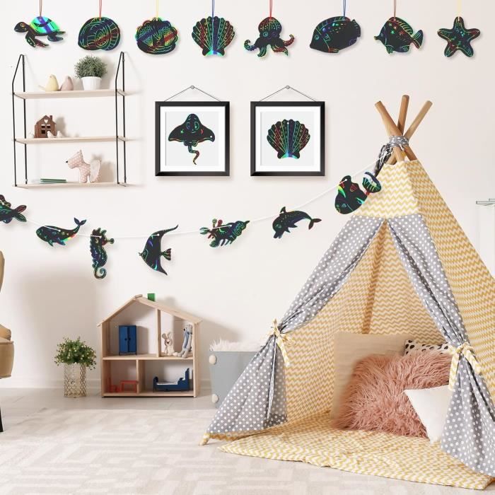 Lot De 36 Cartes à Gratter Animaux Marins – Arc-en-ciel, 18 Stylets Bois + 36 Rubans, Dès 4 Ans