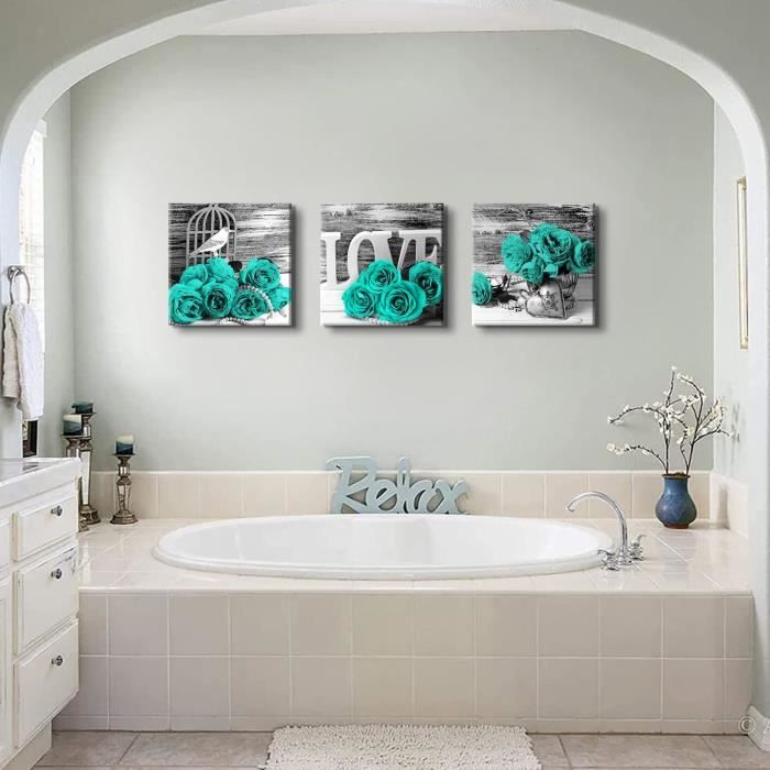 Tableau moderne en 3 pièces avec motif rose turquoise pour salle de bain -  Fleurs vertes romantiques - 30x30cm,[Z233] - Cdiscount Maison