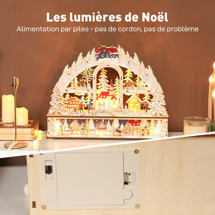 Village De Noël Lumineux HOMCOM - Arche 3 Niveaux Avec 20 LED - Effet Bois - Fonctionne Sur Piles - 45x10x35 Cm