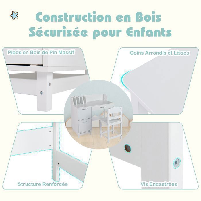 Bureau Enfant Forme Maison - Table Avec Chaise Ergonomique Et Rangement - Blanc