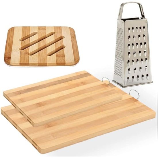 Lot de 2 planches à découper en bois de bambou pour cuisine, robustes comme plateaux de service + dessous de plat en bambou + râpe m