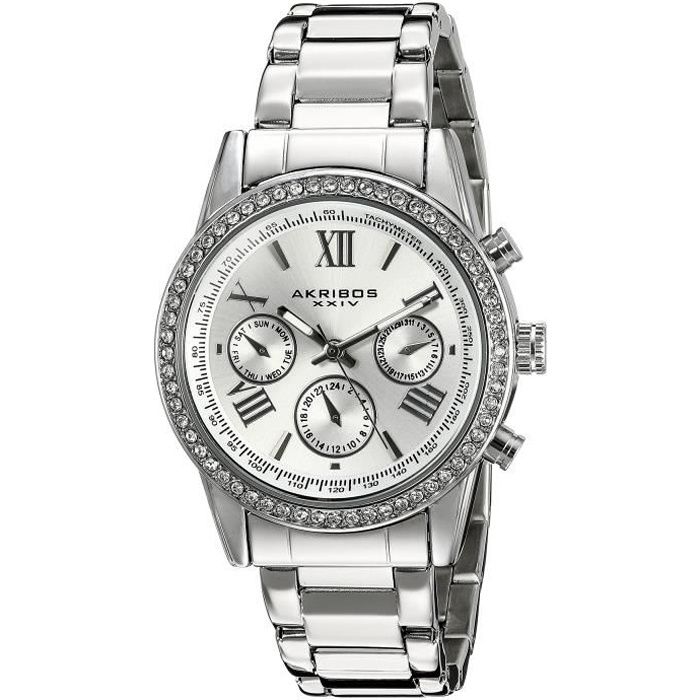 AKRIBOS XXIV Ak872ss argent cadran rond Cristal Trois Accent Bracelet Quartz main Montre GFHC5