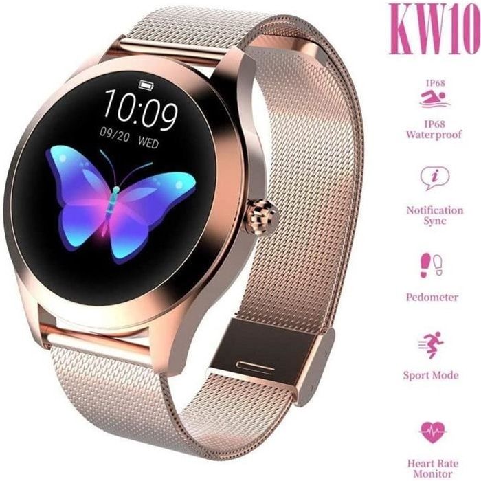 Montre Connectée Femmes Sport Rose KW10, Imperméable Bluetooth Surveillance Santé Cardiaque Sommeil Bracelet En Acier Inoxydable