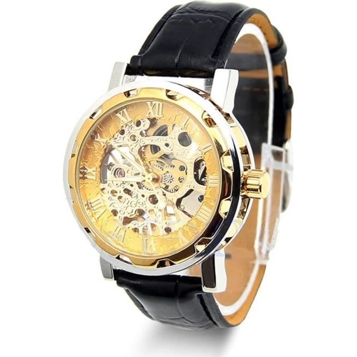 Montre Homme Mécanique Couleur Or-Mécanisme Visible Hublot Arrière-Bracelet Cuir