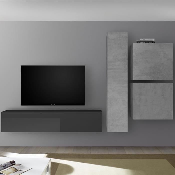 Mur TV design gris laqué et gris béton PUNTA Gris L 260 x P 30 x H 180