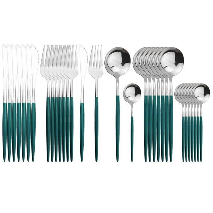 Services de table,32 pièces en acier inoxydable vaisselle rouge or ensemble de couverts couteaux fourchette - Type Green Silver