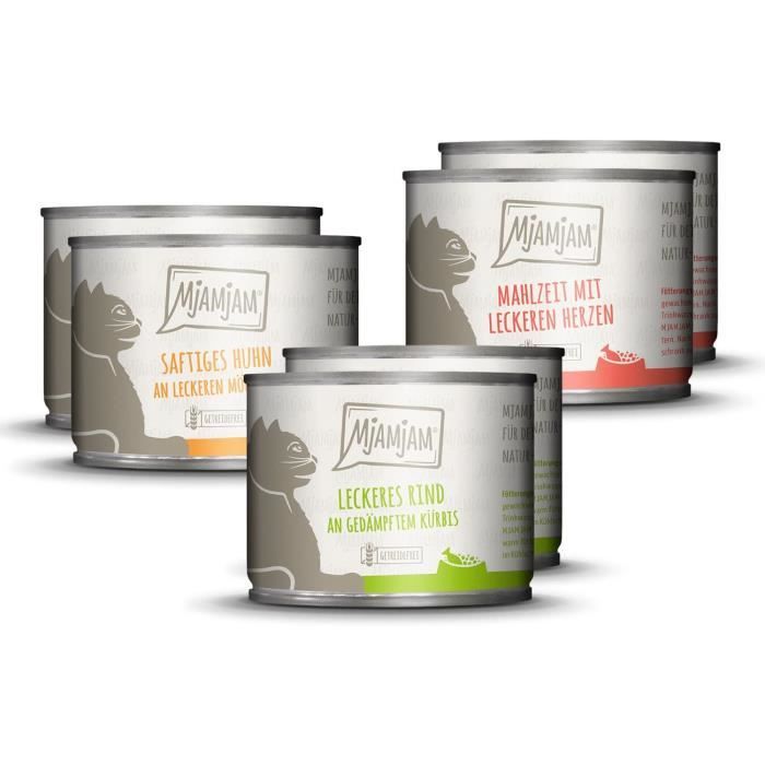 Nourriture humide premium pour chats - Mélange paquet 1 - Poulet, boeuf, coeurs, pack de 6 (6 x 200 g), sans céréales avec viande