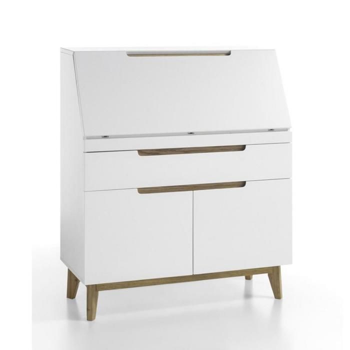 Secrétaire CACHAN blanc laqué mat 1 tiroir 2 portes piétement chêne blanc Bois Inside75